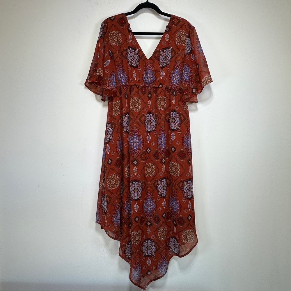 Maurices Rust Terracotta Medallion Flowy Boho Midi Dress Flutter Sleeve XL